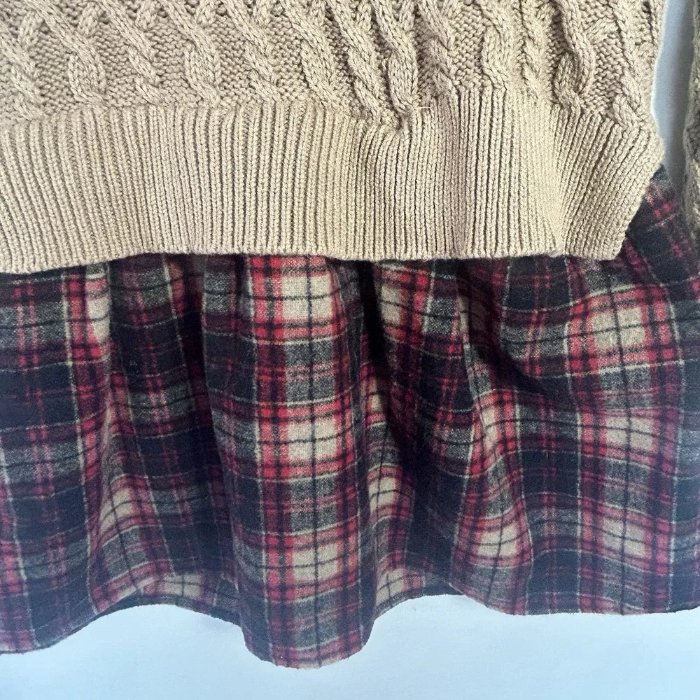 Tommy Hilfiger Cable Knit Sweater Dress Plaid Skirt Button Cowl Neck Tan Girls 7